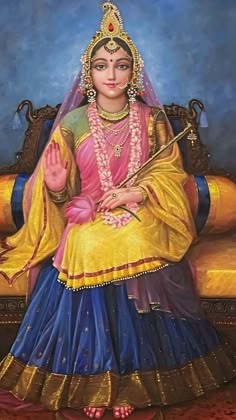 a painting of a woman sitting on a couch wearing a yellow and blue sari