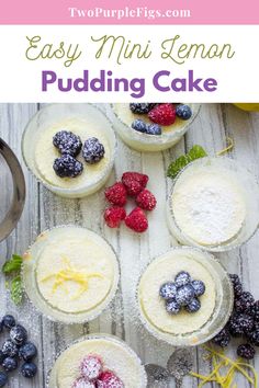 four desserts with berries and powdered sugar in bowls next to lemon, raspberries and blueberries