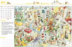 a calendar with an image of people and animals in the city, including children's toys