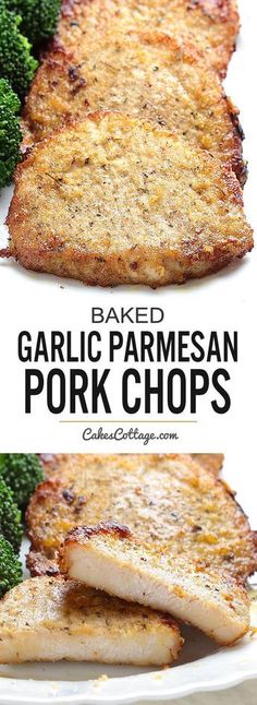 garlic parmesan pork chops on a white plate with broccoli in the background