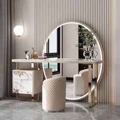 an elegant dressing table with mirror and stools