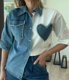 Crystal Denim Color Block Shirt 🤍🩵 Co Ords Outfits Indian, Denim Top Outfit, Reworked Clothes, Ropa Upcycling, Color Block Shirts, Embellished Shirt, Modest Dresses Casual, Blouse Models