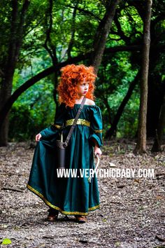 "Our Merida the Brave Costume is a sweet peasant dress with a full skirt for twirling, and lots of important attention to details. The green cotton fabric is beautiful & has gorgeous gold trims. Accessories are not included. This dress pattern is my own & has been \"Blake tested\" at the park & playground. It is a real-life dress that is comfortable & doesn't slip off shoulders or get tangled while playing. It is perfect for any special occasion or everyday! <3 Dress: Machine wash Gentle, hang t Merida Brave Costume, Brave Costume, Merida Costume, Merida Dress, Little Mermaid Dresses, Best Halloween Costumes Ever, Rapunzel Costume, Toy Story Costumes, Costume Princess