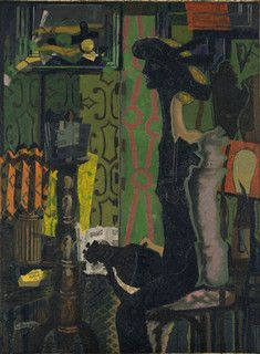 an abstract painting of a woman sitting on a chair in front of a wall with green and yellow designs