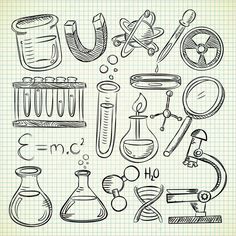 hand drawn doodle science objects on lined paper