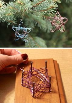 two pictures one is made out of wire and the other has an ornament