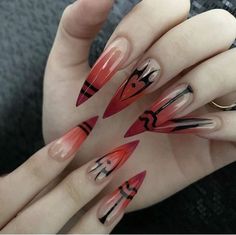 Red Purple Ombre Nails, Short Nail Designs Flames, Pink To Red Ombre Nails, Holloween Nails Idea, Sukuna Nails Design, Red Black And White Nails Design, Red And Black Nails Short, Red White Black Nails, Sukuna Nails