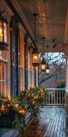 the porch is decked out with christmas lights