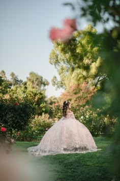 a woman in a wedding dress is sitting on the grass and looking at something behind her