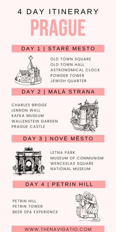 the four day itinerary prague tour is shown in pink and white with black lettering