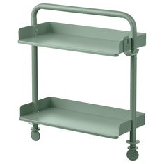 a green shelf with two shelves on each side and wheels to hold items in place