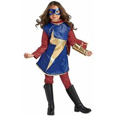 The Disney Store Captain Marvel Rising Secret Warriors Size: 11/12 Color: Red, Gold, Blue Authentic Disney Costume Includes Top, Pants, Scarf-Style Cape, Eye Mask, And Wrist Cuff Stretch Pants Feature Elastic Waistband Top Features Metallic Gold Lightning Bolt Emblem Metallic Gold Piping On Top And Cap Condition: New With Tags . Material: Shell: 100% Polyester Lining: 100% Polyester Care: Hand Wash Only Ms Marvel Costume, Captain Marvel Halloween Costume, Ms Marvel Captain Marvel, Diy Superhero Costume, Marvel Halloween Costumes, Superhero Halloween Costumes, Halloween Kids Costumes Girls, Superhero Halloween, Kids Costumes Girls