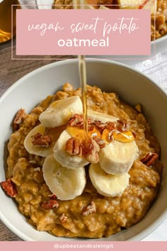 a white bowl filled with oatmeal topped with bananas and pecanse