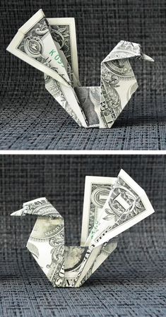 origami bird made out of one dollar bill and another folded up like an origami crane