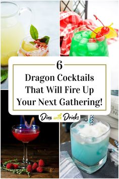 Collage of 4 dragon cocktails. Dragon Alcoholic Drinks, Dragon Cocktail Drinks, D&d Cocktails, Dnd Cocktail Recipes, Dnd Themed Cocktails, Dnd Mocktails, Dnd Themed Drinks, Dnd Drinks Recipes, Dnd Cocktails