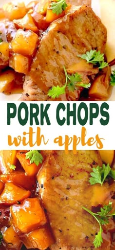 pork chops with apples and parsley on top