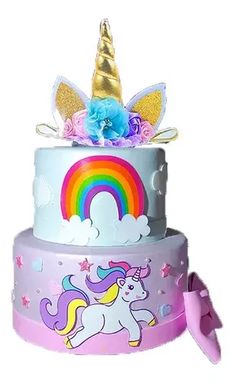 three tiered cake decorated with unicorns and rainbows