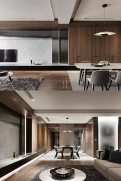 modern living room and dining area with wood paneling