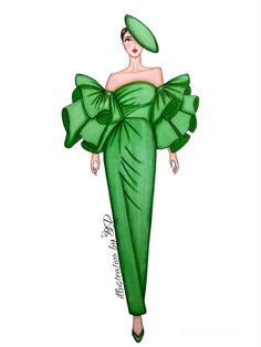 a drawing of a woman in a green dress with large bows on her head and hands behind her back