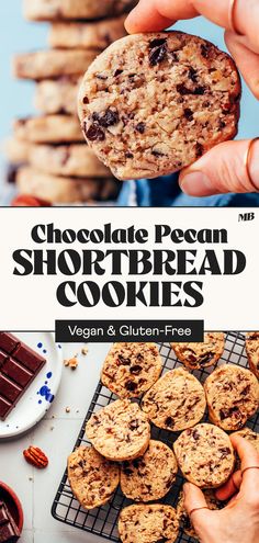 chocolate pecan shortbread cookies on a cooling rack with more cookies in the background