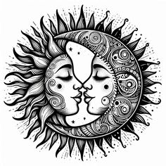 the sun and moon face in black and white