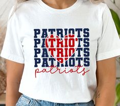 a woman wearing a white t - shirt with the word patriotic written in red, white and blue