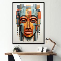 a painting hanging on the wall above a desk