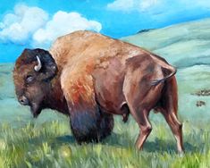 an oil painting of a bison in a grassy field