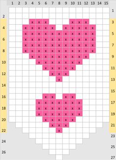 a cross stitch chart with pink hearts on the top and yellow bottom, as well as numbers