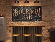 the brown's bourbon bar is located in front of a brick wall with three stools