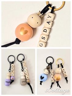 four different keychains with words and charms attached to them, one has a pacifier in the shape of a baby's name