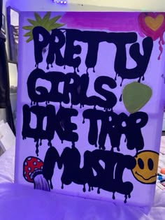 a sign that says pretty girls die in the dark on a bed with purple sheets