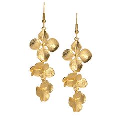 Feminine Gold Drop Earrings, Chic Gold Drop Earrings With Flower Design, Chic Drop Earrings With Flower Charm, Yellow Gold Flower Drop Earrings For Party, Gold Flower Earrings With Ear Wire For Formal Occasions, Delicate Gold Flower Earrings For Formal Events, Delicate Gold Flower Earrings For Formal Occasions, Elegant Flower Drop Earrings With Lever Back, Elegant Flower Earrings With French Hook