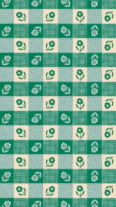 a green and white checkered pattern with flowers on the side, in different colors