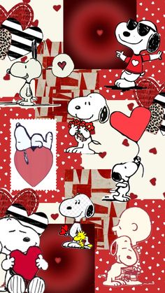 snoopy love wallpapers with hearts and dogs on red, white and black background