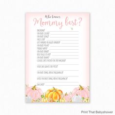 a pink baby shower game with pumpkins and flowers