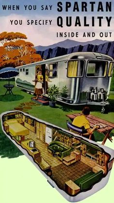 an advertisement for a camper trailer with two people sitting on the couch and one standing in