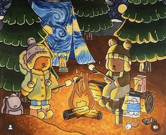 two teddy bears camping in the woods with a tent and campfire, while another bear watches