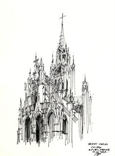 an ink drawing of a cathedral with spires