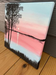 Interesting Acrylic Painting, Pink Background Acrylic Painting, Acrylic Painting Pictures, Pink Acrylic Canvas Painting, Pretty Things To Paint On Canvas, Things To Paint Landscapes, Pink And Blue Sunset Painting, Blue And Pink Painting Ideas, Painting Pictures Ideas