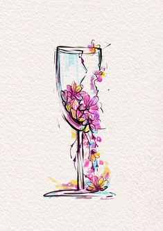 a drawing of a wine glass with flowers on it