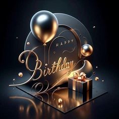 a black and gold happy birthday card with balloons, gift boxes and presents on it