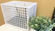 two white vases sitting on top of a table next to a planter with green leaves