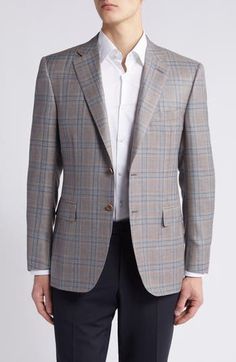 Tailored from a blend of wool, silk and linen, this sport coat patterned in a pale plaid makes a smart finish to any semiformal or warm-weather look. 30" length (size 57) Notched lapels Nonfunctional four-button cuffs Cuff buttons may not be attached. Jackets purchased at full price can have the sleeve length customized for free at your local Nordstrom Chest welt pocket; front flap pockets Side vents Lined 65% wool, 21% silk, 14% linen Dry clean Made in Italy Sports Jacket Outfit Men, Guy Wardrobe, Sports Jacket Outfit, Smart Business Casual, Mens Sports Coat, Classy Outfits Men, Summer Wardrobe Essentials, Chuck Bass, Smart Business