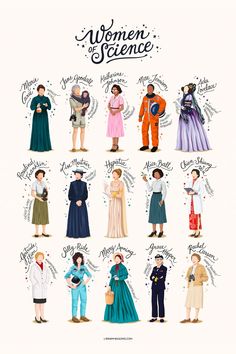 An illustrated print featuring some of the most inspiring women in science! The scientists on the print: Marie Curie, Jane Goodall, Ada Lovelace, Mae Jemison, Katherine Johnson, Rosalind Franklin, Lise Meitner, Alice Ball, Hypatia, Chien-Shiung Wu, Gertrude Elion, Sally Ride, Mary Anning, Grace Hopper and Rachel Carson. Marie Curie Drawing, Women’s History Month, Rosalind Franklin Art, Famous Women In History, Women Of History, Lise Meitner, Women Of Science, Girl Scientists, Mae Jemison