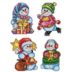 four snowmen cross stitched together with christmas decorations