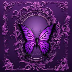 a purple butterfly sitting on top of a purple frame with swirls and scrolls around it