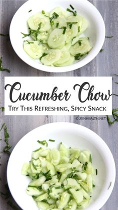 two bowls filled with cucumber chow on top of a wooden table