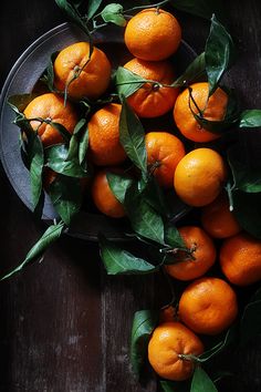 a plate full of oranges with green leaves