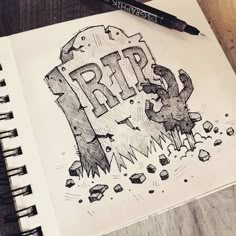 a drawing of a rock with the word rip written on it and rocks surrounding it